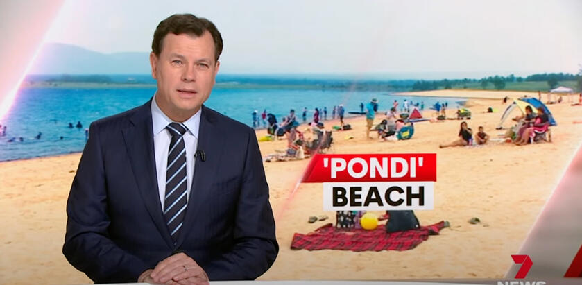 An image of a newsreader and a beach with people sitting on the sand